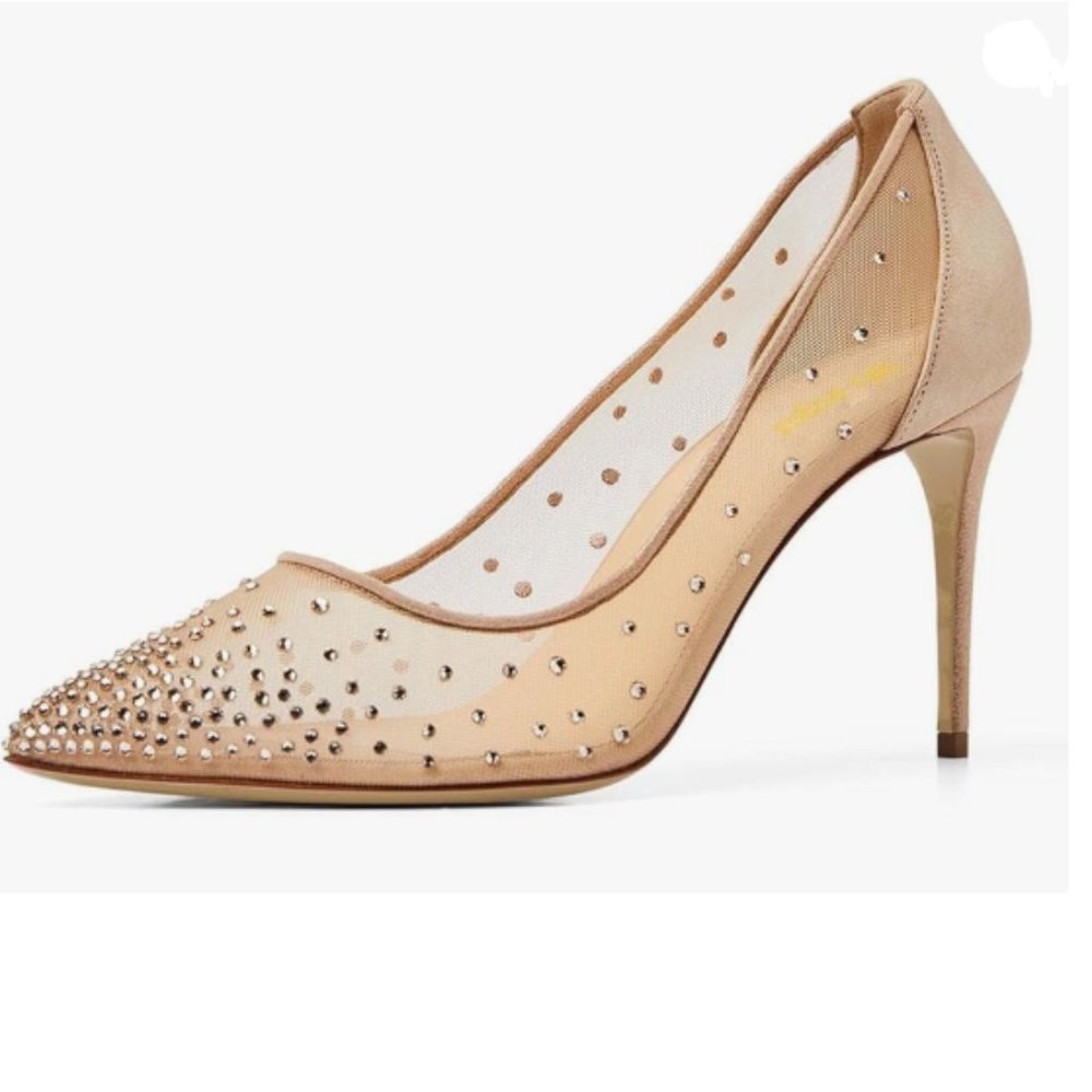 Wo Wagas Beige Mesh Studded Pumps Stiletto High Heels Slip On Rhinestone Shoes